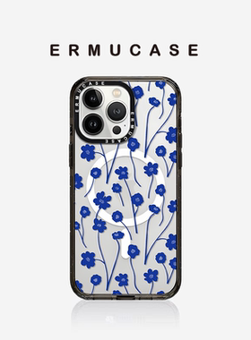 ERMUCASE二木青山原创设计《蓝色花语》适用于苹果iPhone16ProMax/15Pro/14ProMax/13Pro透明防摔黑边手机壳