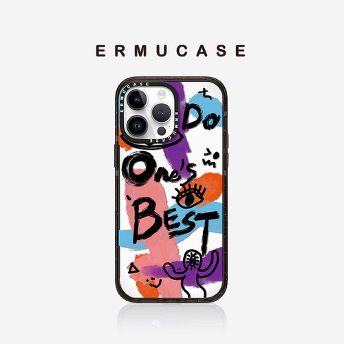 适用于苹果iPhone16ProMax手机壳磁吸防摔TPU透明黑框硬壳原创涂鸦DO ONE'S BEST男女款小众高颜值ERMUCASE