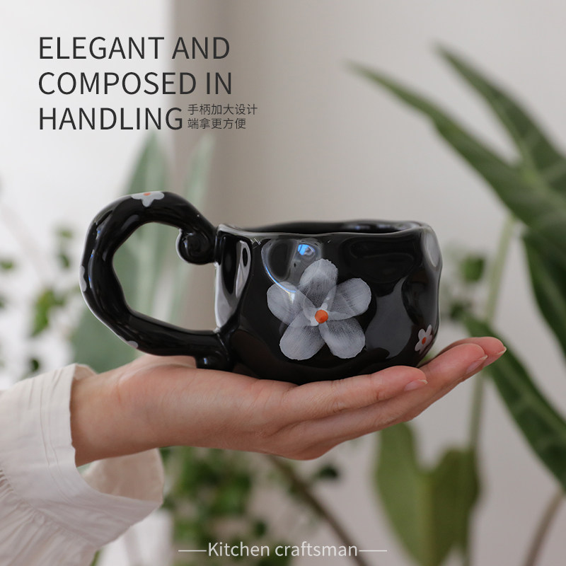 复古小众高级颜值黑色手绘陶瓷咖啡杯拿铁拉花牛奶早餐杯送礼家用