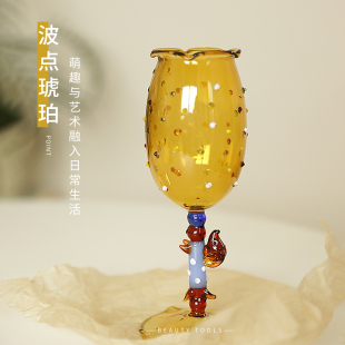 复古卡通腊肠小狗彩点玻璃高脚杯食品级高硼硅玻璃耐高温夏天礼物