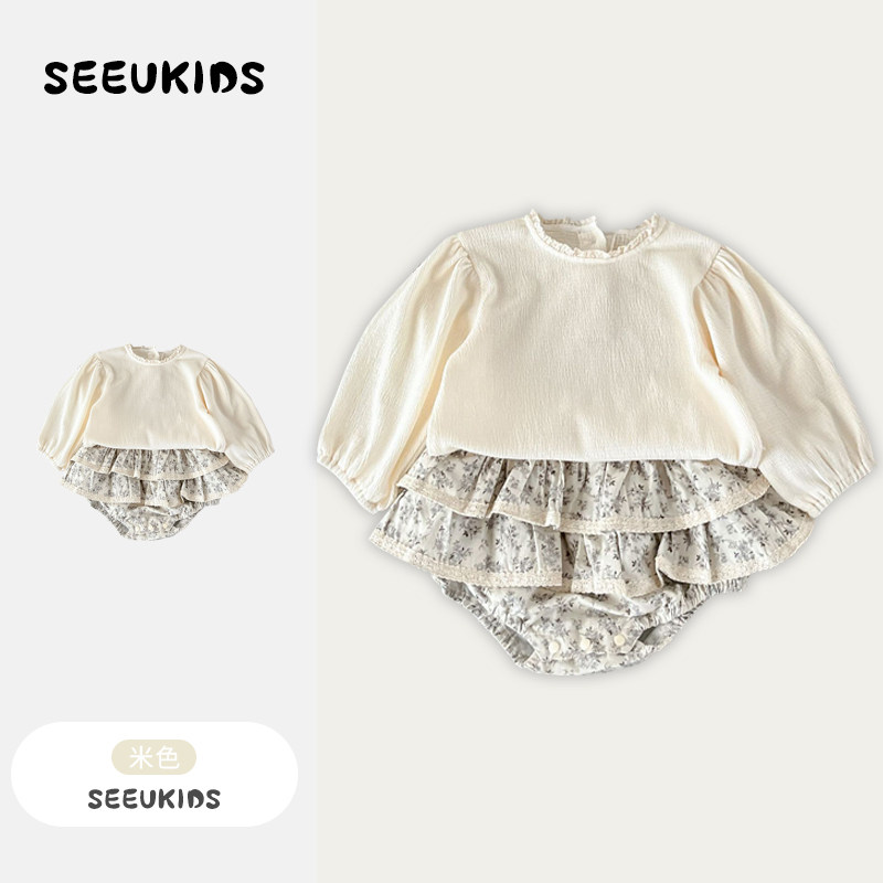 【清仓】ins女宝宝竹节棉花边领上衣+纯棉碎花包屁裤裙三件套套装