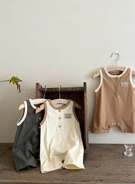 小熊贴布无袖背心连体衣