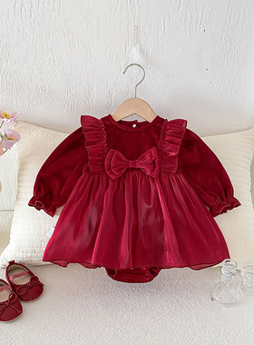 春季新款女宝宝公主红色连体衣长袖蝴蝶结假两件满月百天哈衣礼服