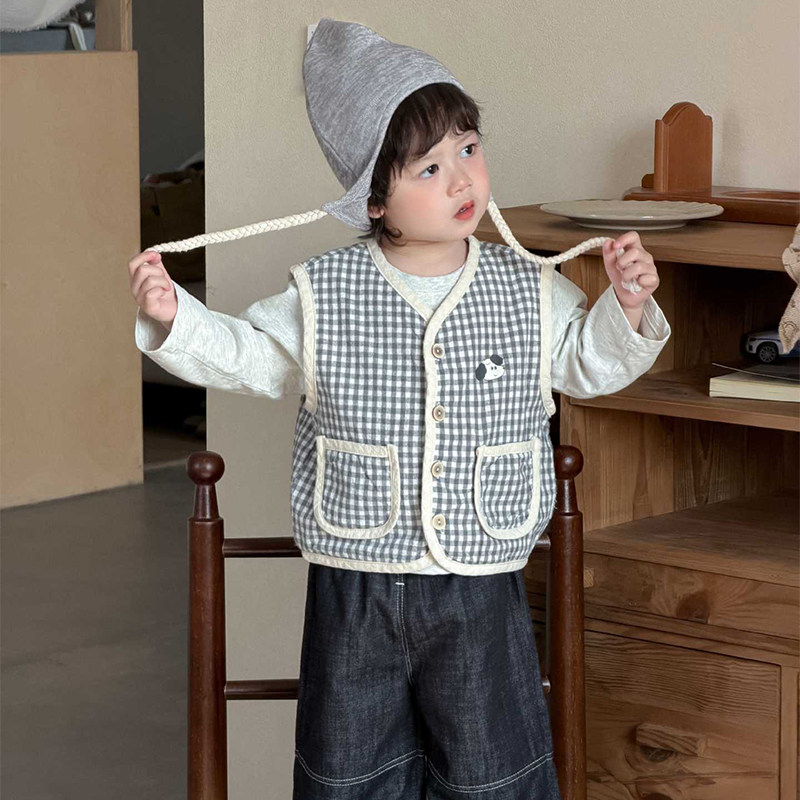 2026新款儿童格纹马甲外套宝宝春装韩版童装春季衣服男童牛仔套装
