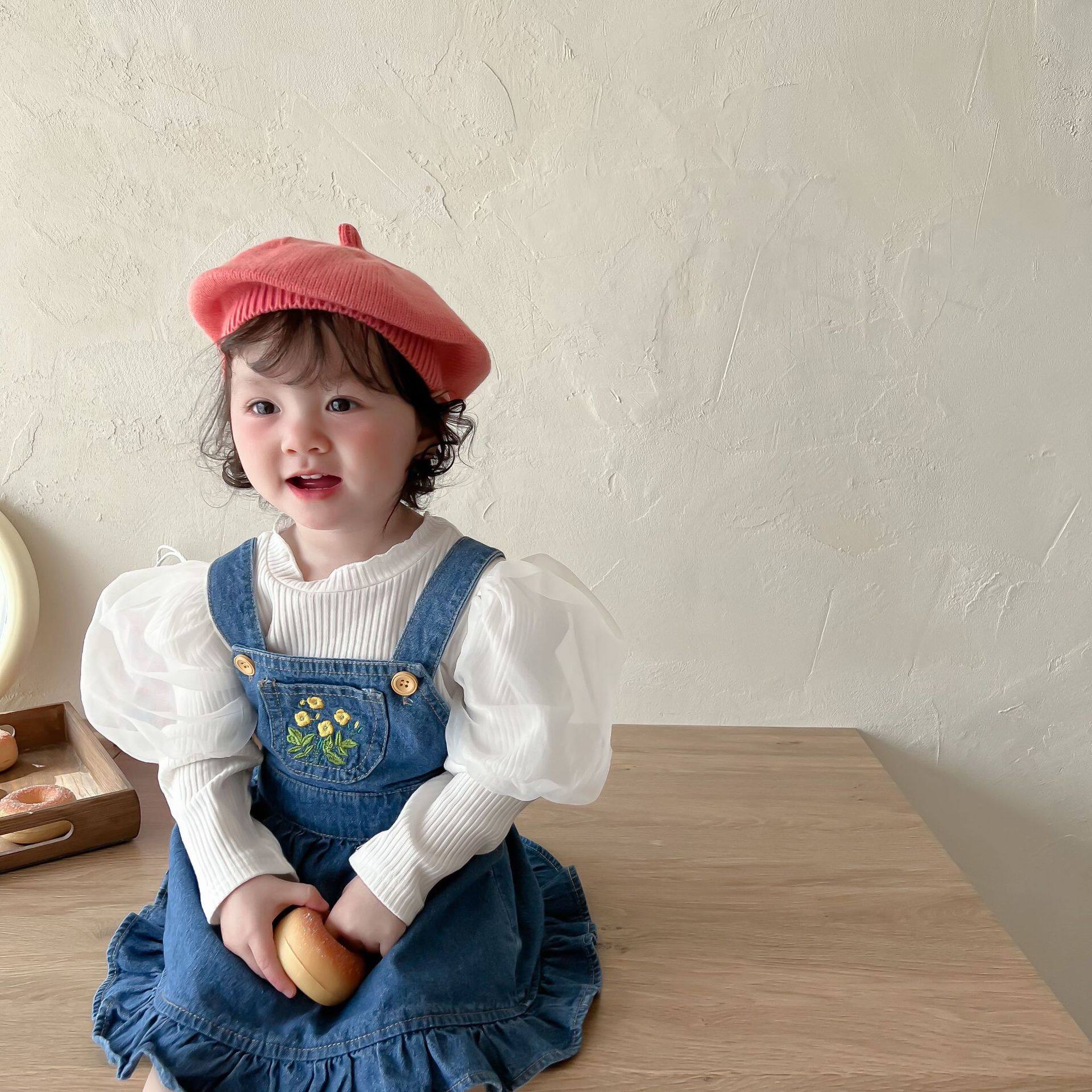 新款ins风韩系田园女童牛仔背带裙宝宝女宝宝春装韩版a字裙泡泡袖