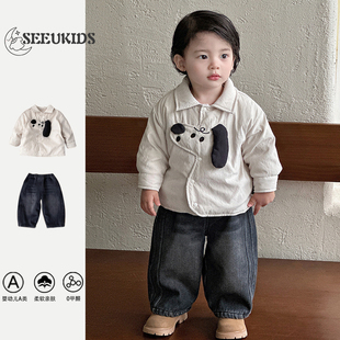 2025秋冬新品男宝卡通夹棉衬衫外套加绒牛仔裤婴幼儿外出保暖套装