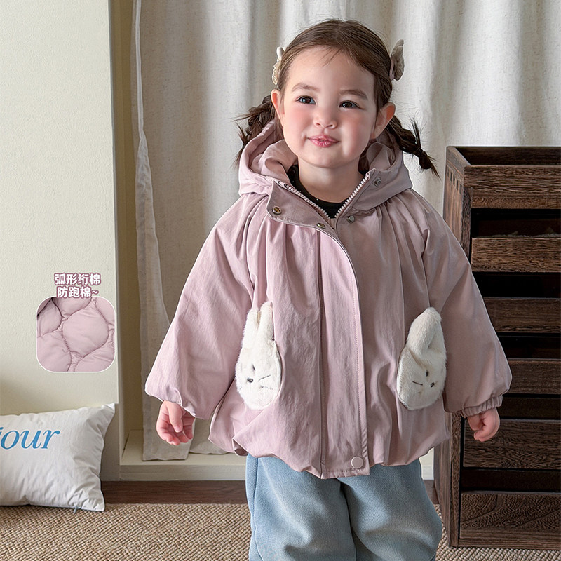 冬季新款女童加厚连帽外套冬季保暖拉链棉服卡通兔羊驼绒牛仔裤