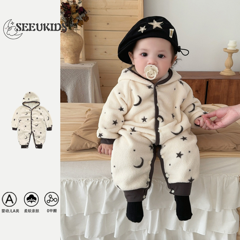 ins秋冬婴幼儿加绒连帽连体衣新生儿男女宝宝加厚保暖睡衣爬爬服