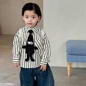 阔腿裤 韩版 衬衣卡通狗牛仔裤 春秋设计感领带长袖 男童条纹衬衫