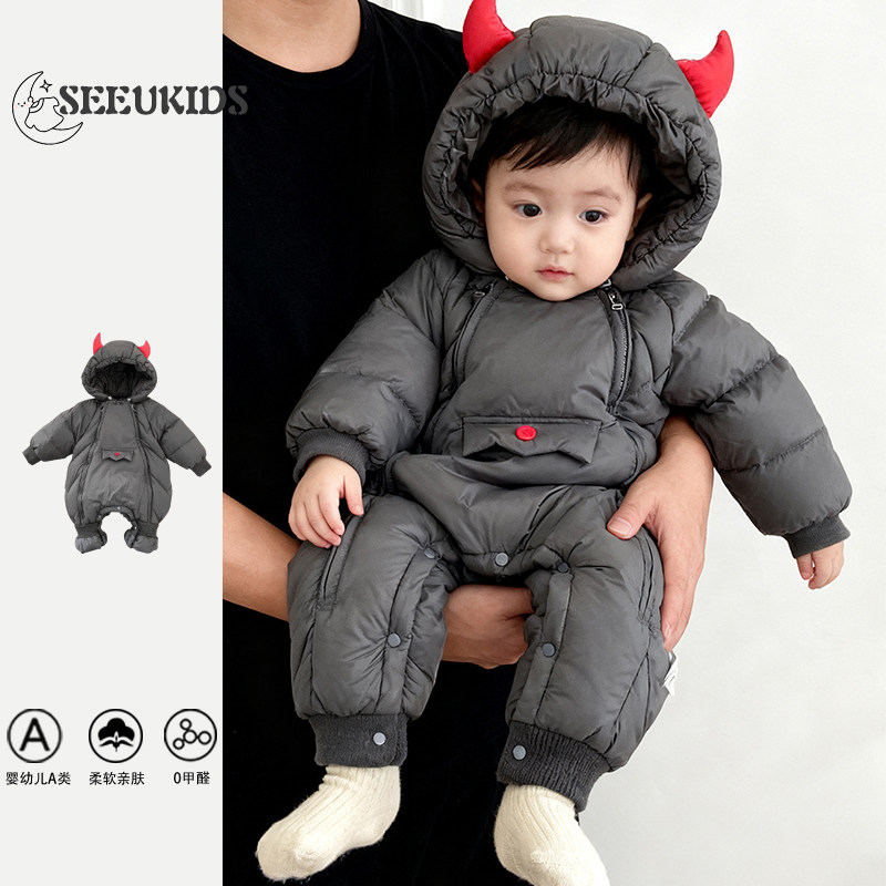 婴儿羽绒服连体衣冬季加厚保暖哈衣男宝宝带帽拉链外出长爬服