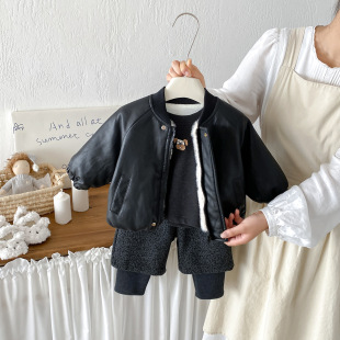 婴幼儿2026冬季豹纹假两件靴裤宝宝加厚加绒打底衫皮衣外套三件套