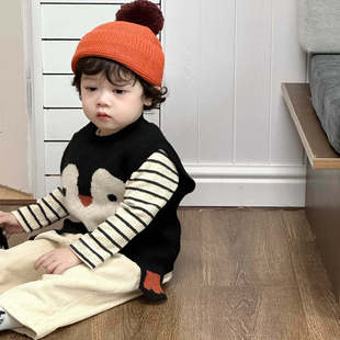 2025秋季新品男宝企鹅针织背心婴幼儿条纹小熊打底衫阔腿裤套装