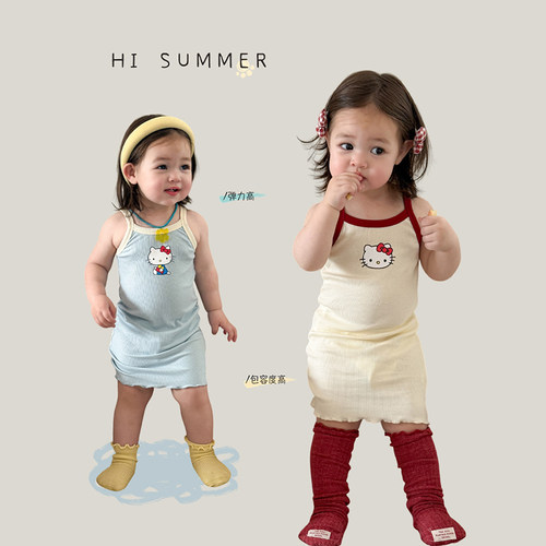 2026夏季新款女童KT猫吊带连衣裙女宝宝可爱背心裙韩版卡通裙子