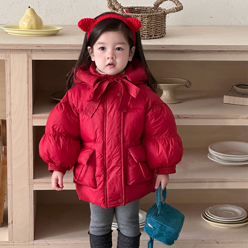 2025新款女童红色连帽棉服冬季加厚保暖中长款洋气韩版棉衣