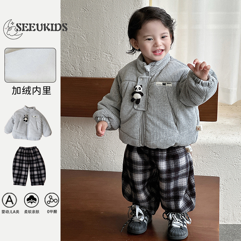 婴幼童韩版卡通加绒加棉外套一体绒格子裤2025秋冬韩版棉衣两件套