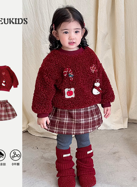 冬季宝宝圣诞套装红色上衣+格子裙超两件套拼色加绒打底裤堆堆袜