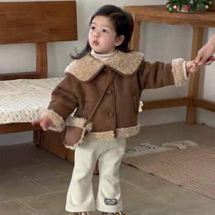 2025新款韩版加厚皮毛一体外套女童冬季大翻领羊羔毛短款加绒套装