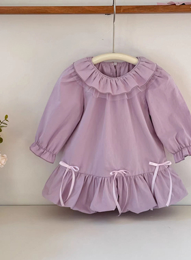 春季新款婴童可爱公主裙女宝紫色显白洋气花边领蝴蝶结外出连衣裙