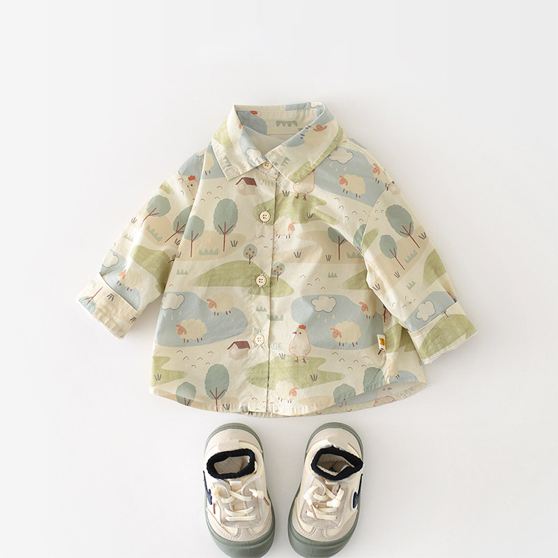 2026春装新款男童卡通动物印花衬衫春秋薄款翻领长袖可爱上衣