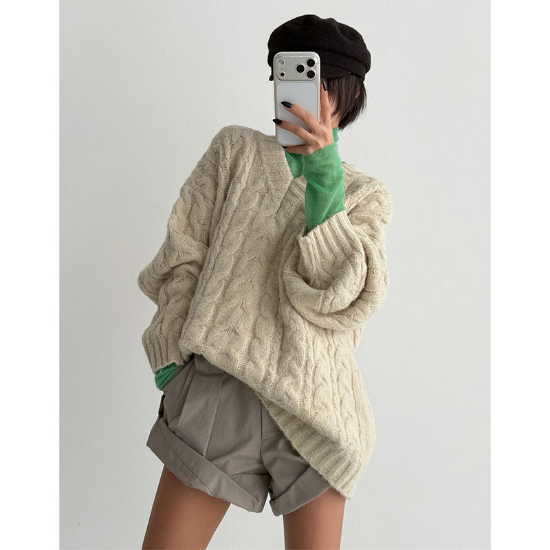 ANAN韩国东大门代购V领宽松麻花纹休闲长袖针织衫中性款秋冬上衣