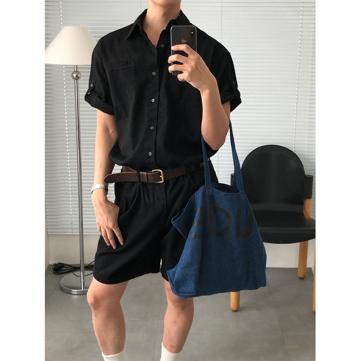 ANAN韩国东大门代购夏季时尚水洗简约轻奢百搭卷边短袖牛仔衬衫男