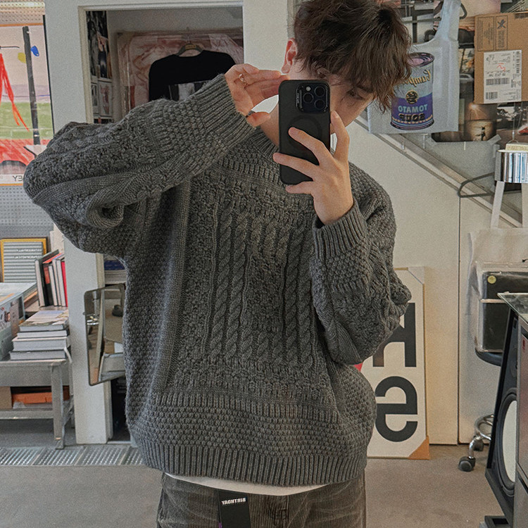 东大门韩国代购秋冬时尚设计师重工麻花几何纹理潮流针织衫男毛衣