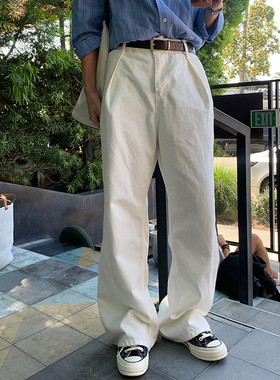 ANAN韩国代购男装东大门时尚百搭半松紧腰捏褶直筒阔腿白色牛仔裤