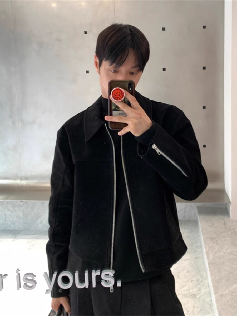 韩国东大门代购GC家男女款翻毛麂皮绒轻奢设计师翻领PU皮夹克外套