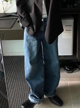 韩国代购东大门ANAN春季浅蓝色牛仔裤男宽松直筒水洗加工百搭长裤