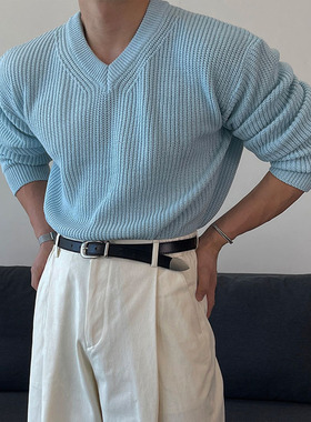 韩国东大门代购秋冬时尚cozyfit落肩休闲V领百搭休闲针织衫男毛衣