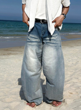 ANAN韩国东大门代购水洗宽松阔腿休闲男士直筒长裤蓝色气球牛仔裤