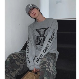 T恤衫 国内现货 华夫格做旧海岸爆裂印花束口长袖 时尚 东大门代购