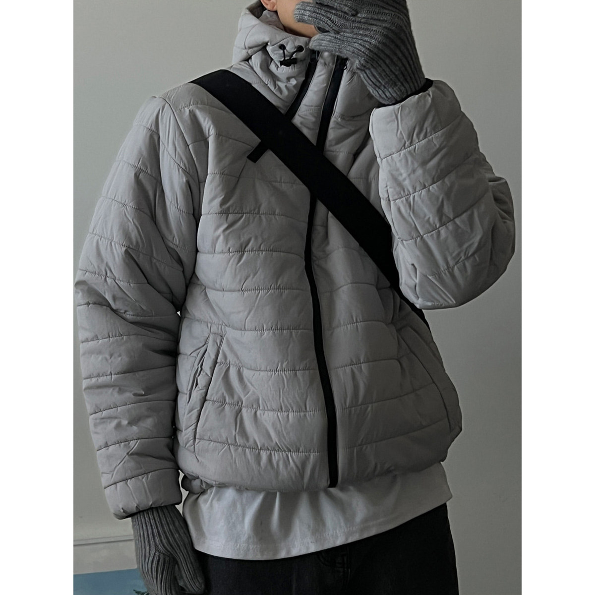 韩国东大门代购时尚潮流个性排骨纹休闲连帽抽绳可收腰棉服外套男