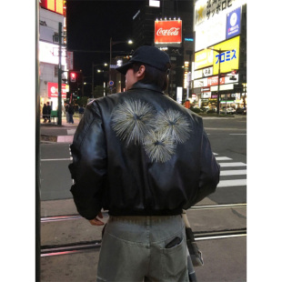 ANAN韩国东大门代购高街潮流个性后背烟花高品PU皮飞行夹克外套男