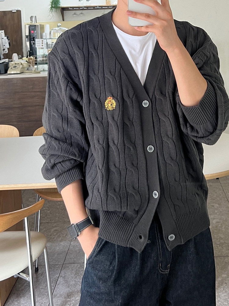 韩国东大门代购春季英伦风徽章刺绣麻花纹针织开衫男休闲毛衣外套