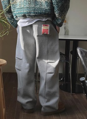 韩国东大门代购LAINE冬季时尚高品重工压线抓绒运动休闲裤男卫裤