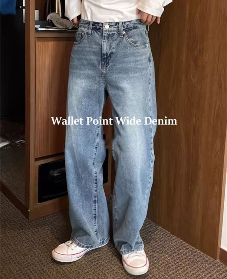 韩国东大门代购春秋时尚韩版流行宽松直筒牛仔裤水洗磨白潮流百搭