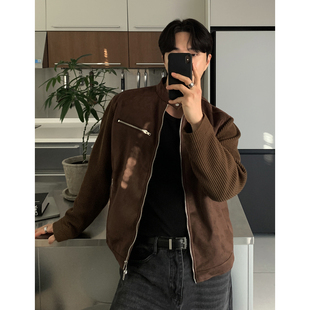 韩国东大门代购春秋时尚高品重工轻熟风针织拼接麂皮夹克外套男