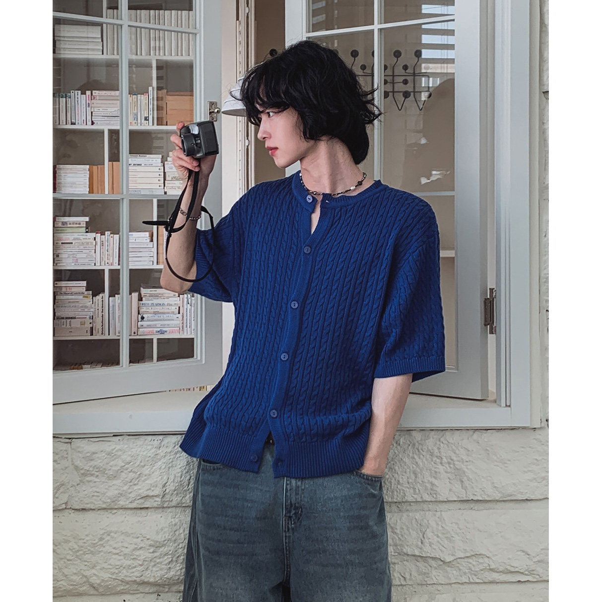 韩国东大门代购时尚个性轻熟休闲圆领麻花纹短袖针织开衫男毛衣