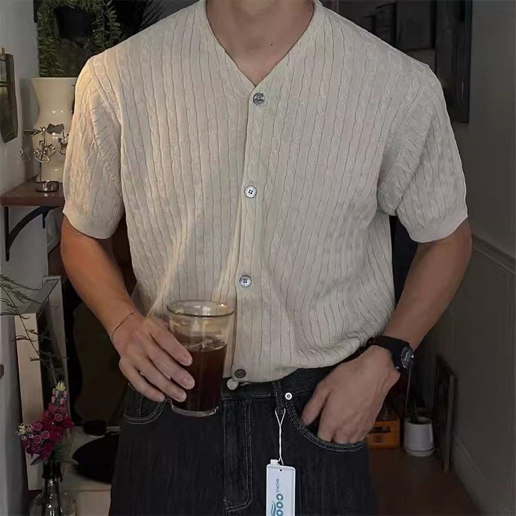 韩国东大门代购高品直播棉麻冷感麻花纹V领短袖针织开衫男女款