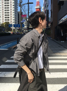 韩国东大门代购SENNE春夏时尚简约清爽利落格纹短款长袖衬衫男