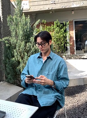 韩国东大门代购UNFAIRE高档时尚做旧软糯水洗宽松休闲长袖衬衫男