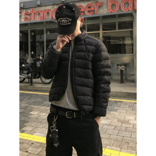 韩国东大门代购冬时尚高街潮流蓬松立领排骨压纹轻量羽绒服外套男