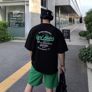 韩国东大门代购GRAB直播学院风潮流英文前后印花落肩短袖T恤衫男