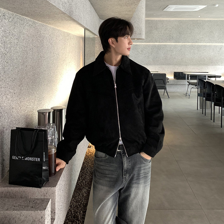 韩国东大门代购轻熟翻领收腰双拉链design翻毛麂皮绒夹克外套男