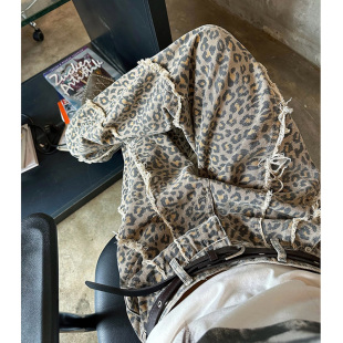 ANAN韩国东大门代购豹纹波浪裤中性款时尚设计感男女款牛仔裤长裤