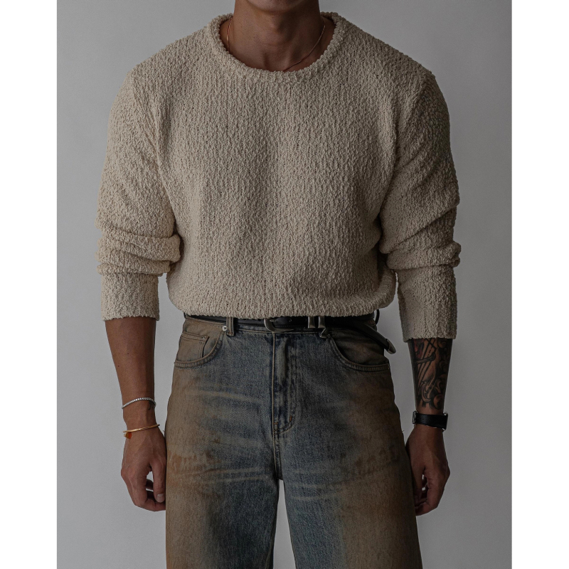 韩国东大门代购时尚高品重工蓬松气质混色圆领宽松针织衫男毛衣