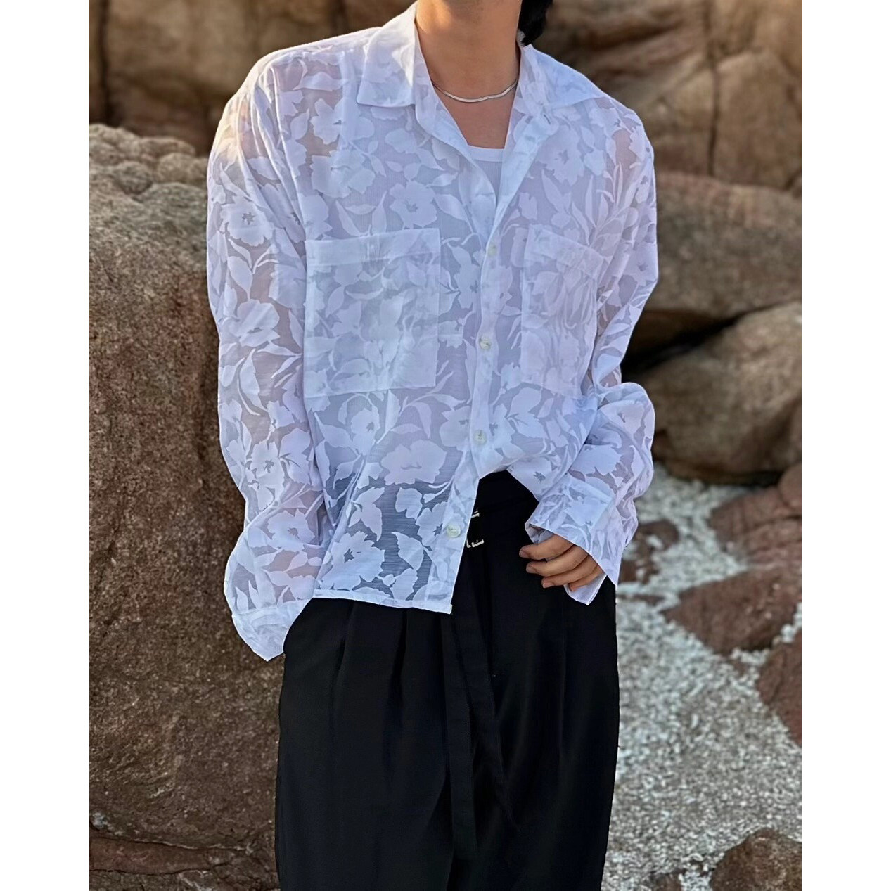 韩国东大门代购春夏个性设计师玫瑰花朵透视短款休闲长袖衬衫男