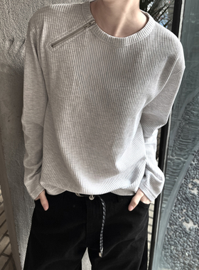 韩国东大门代购设计师小众华夫格减龄纹理拉侧边链长袖T恤衫男