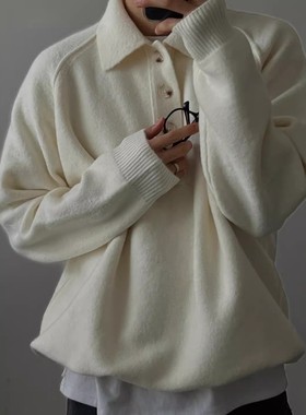 韩国东大门代购LOGAN高品时尚冬季大纽扣翻领针织POLO衫男毛衣